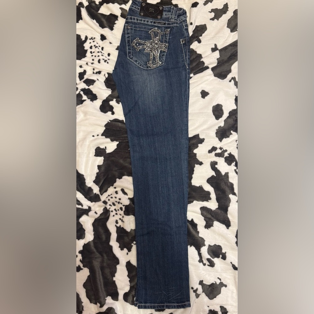 Miss Me Dark Blue straight cut Jeans with Embroidered Cross